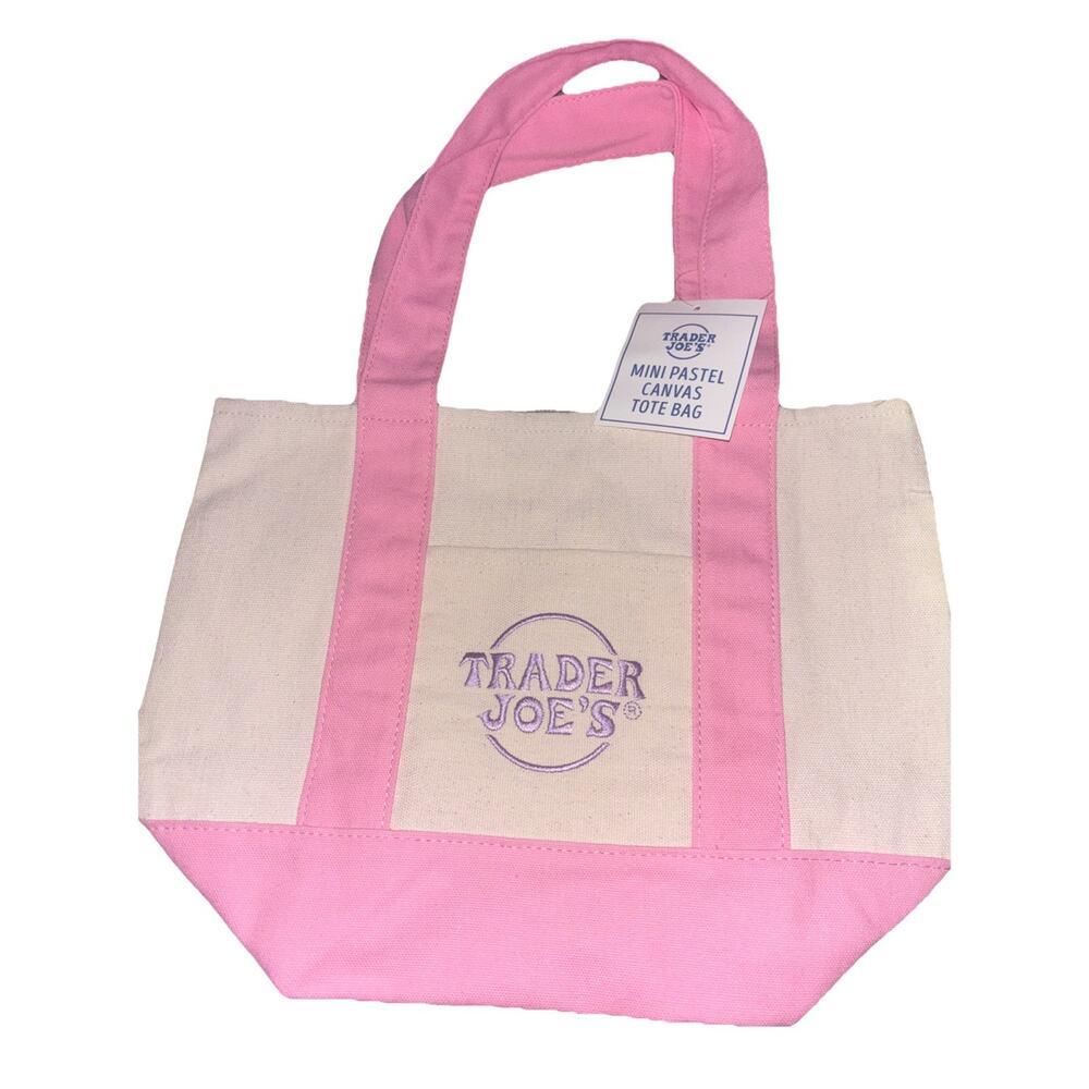 Trader Joe's NEW RARE Embroidered PASTEL MINI CANVAS TOTE BAG PINK REUSABLE